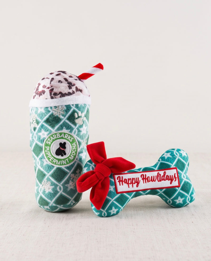 Starbarks Puppermint Mocha Green Stars Cup & Bone | Christmas Dog Toys