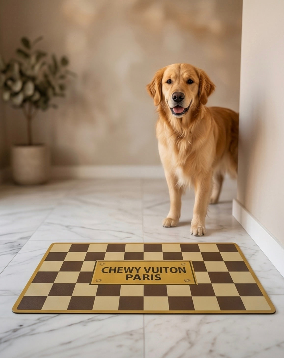 Designer-Inspired Fluff: Parody Chewy Vuiton Plush Dog Placemats