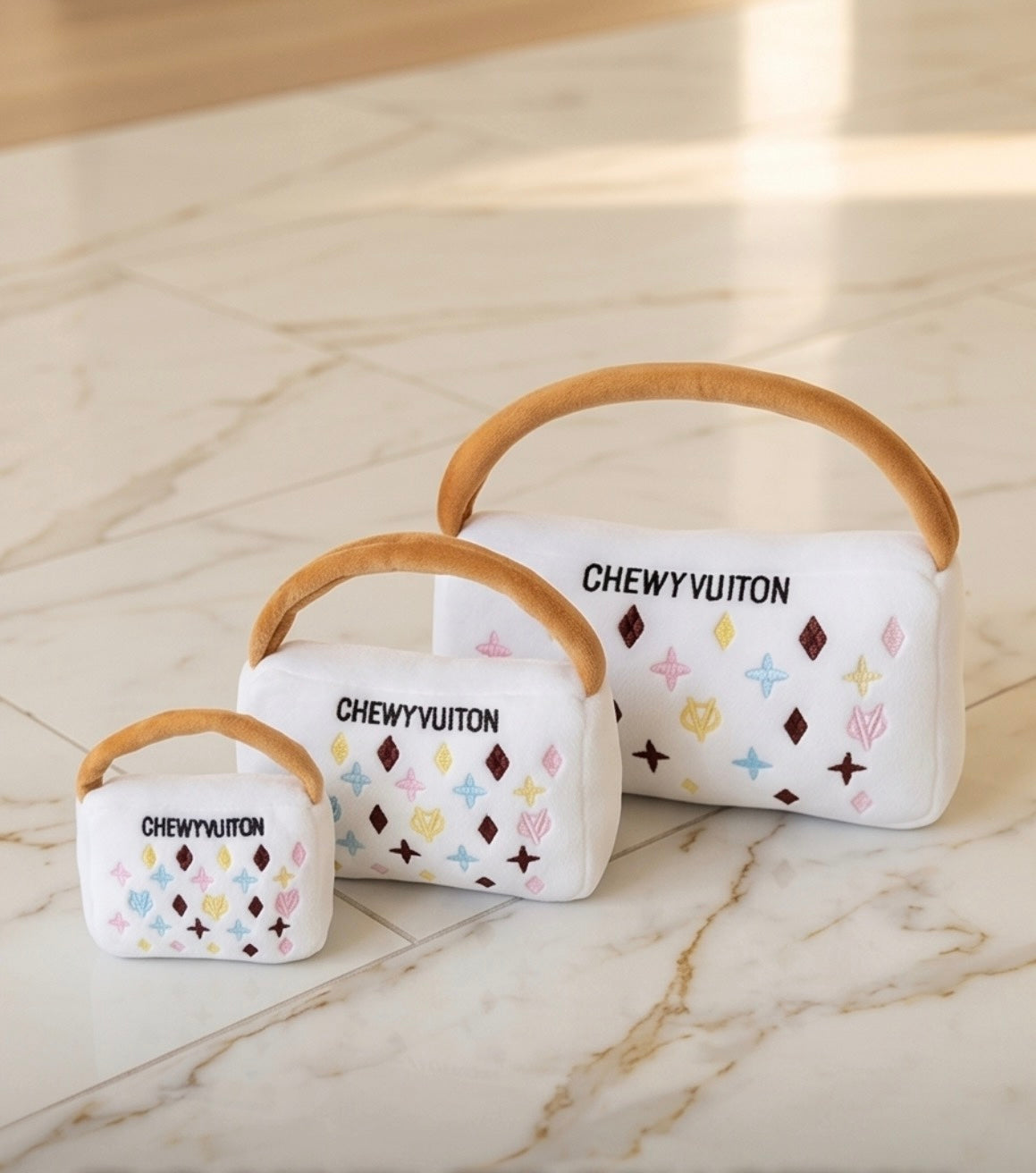 Chewy Vuiton Chic: Parody Designer Plush Dog Toys for Stylish Pups