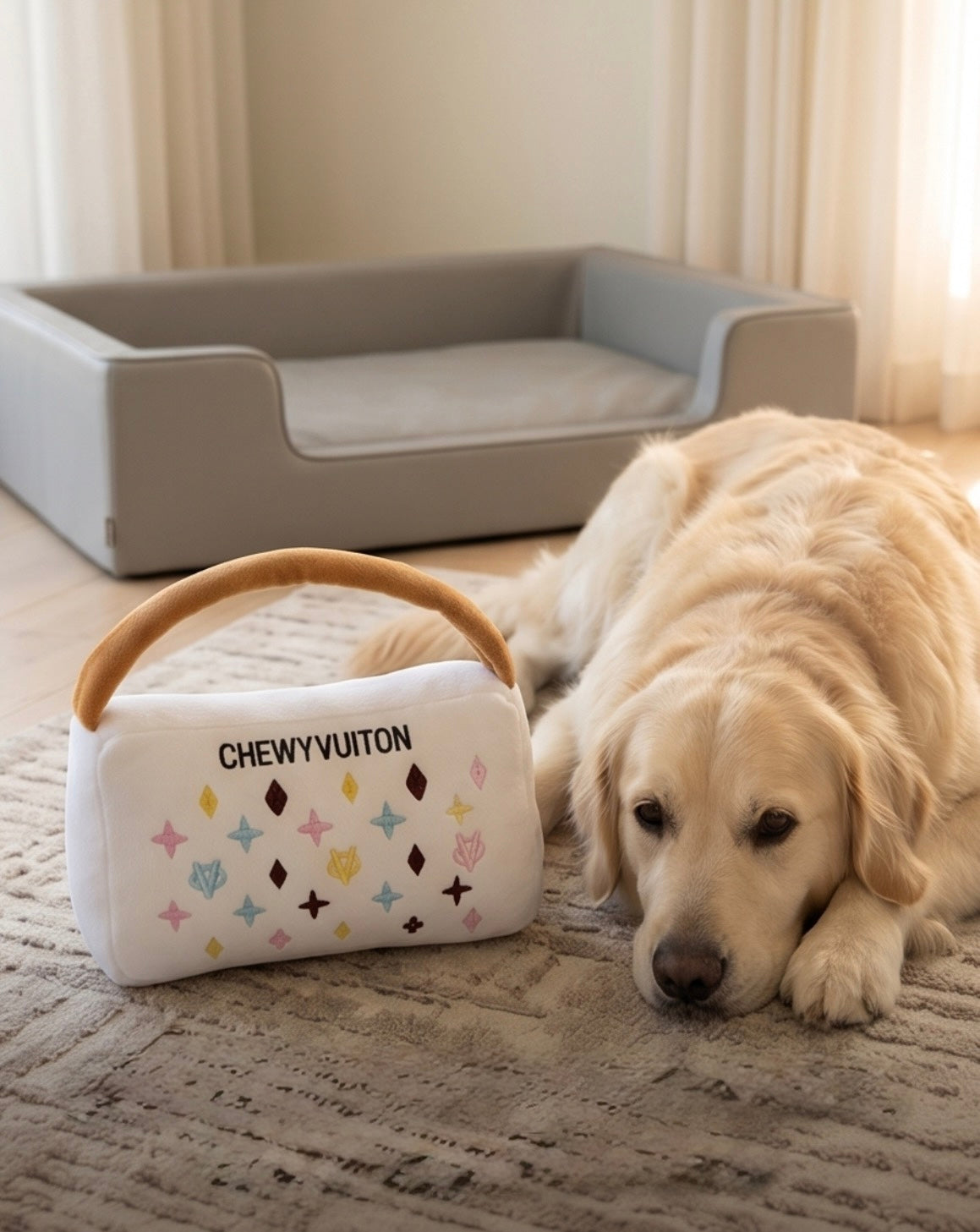 Chewy Vuiton Chic: Parody Designer Plush Dog Toys for Stylish Pups