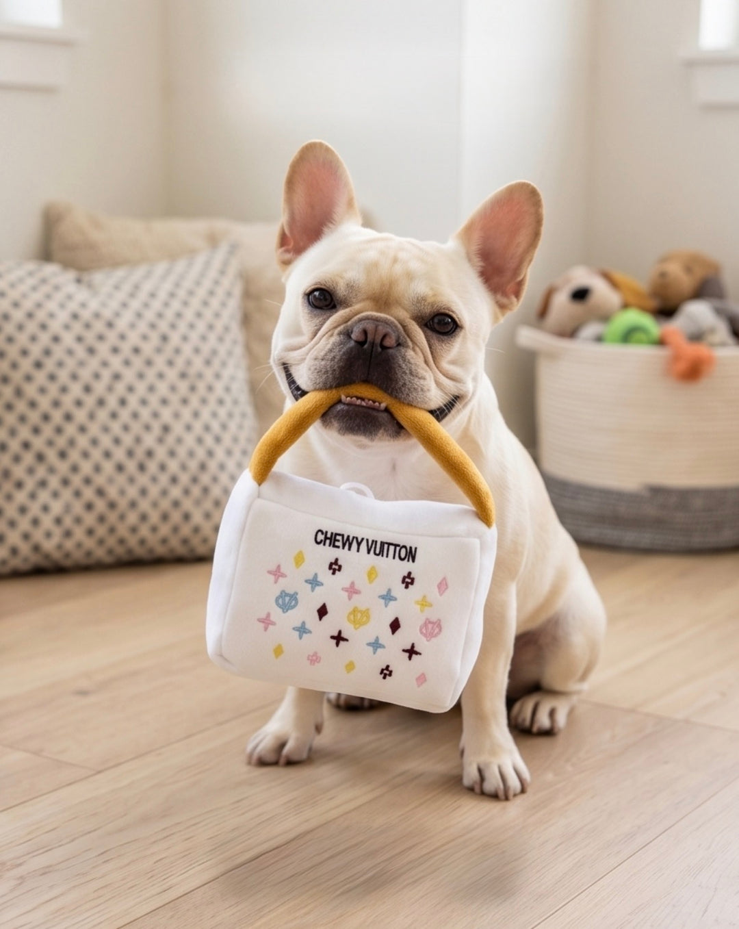 Chewy Vuiton Chic: Parody Designer Plush Dog Toys for Stylish Pups