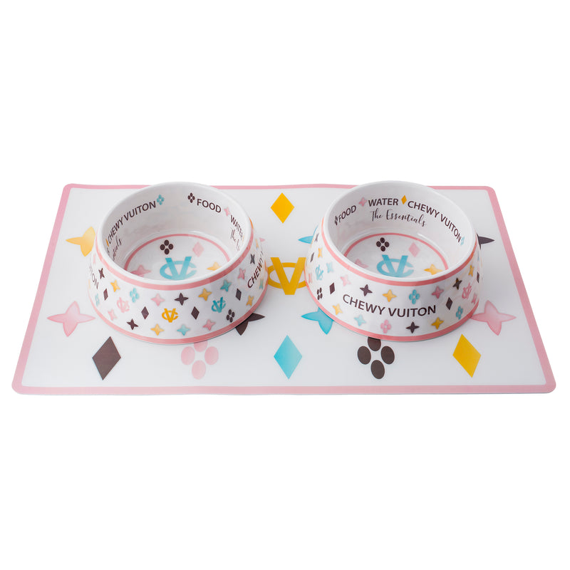 White Chewy Vuiton Bowls & Mat