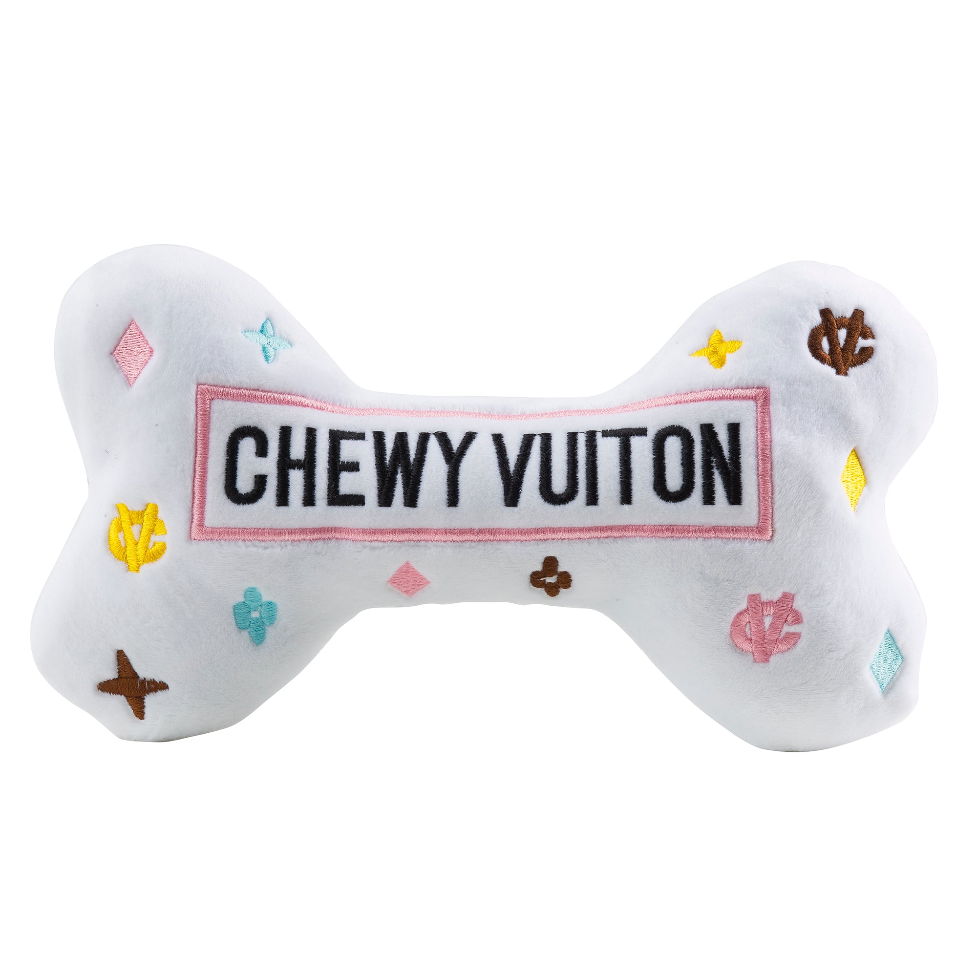 White Chewy Vuiton Bone Dog Toy, Dog Toys