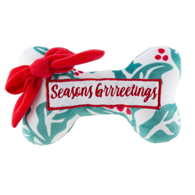 Holly Print Bone - Seasons Grrreetings Christmas Plush Dog Toy Holiday