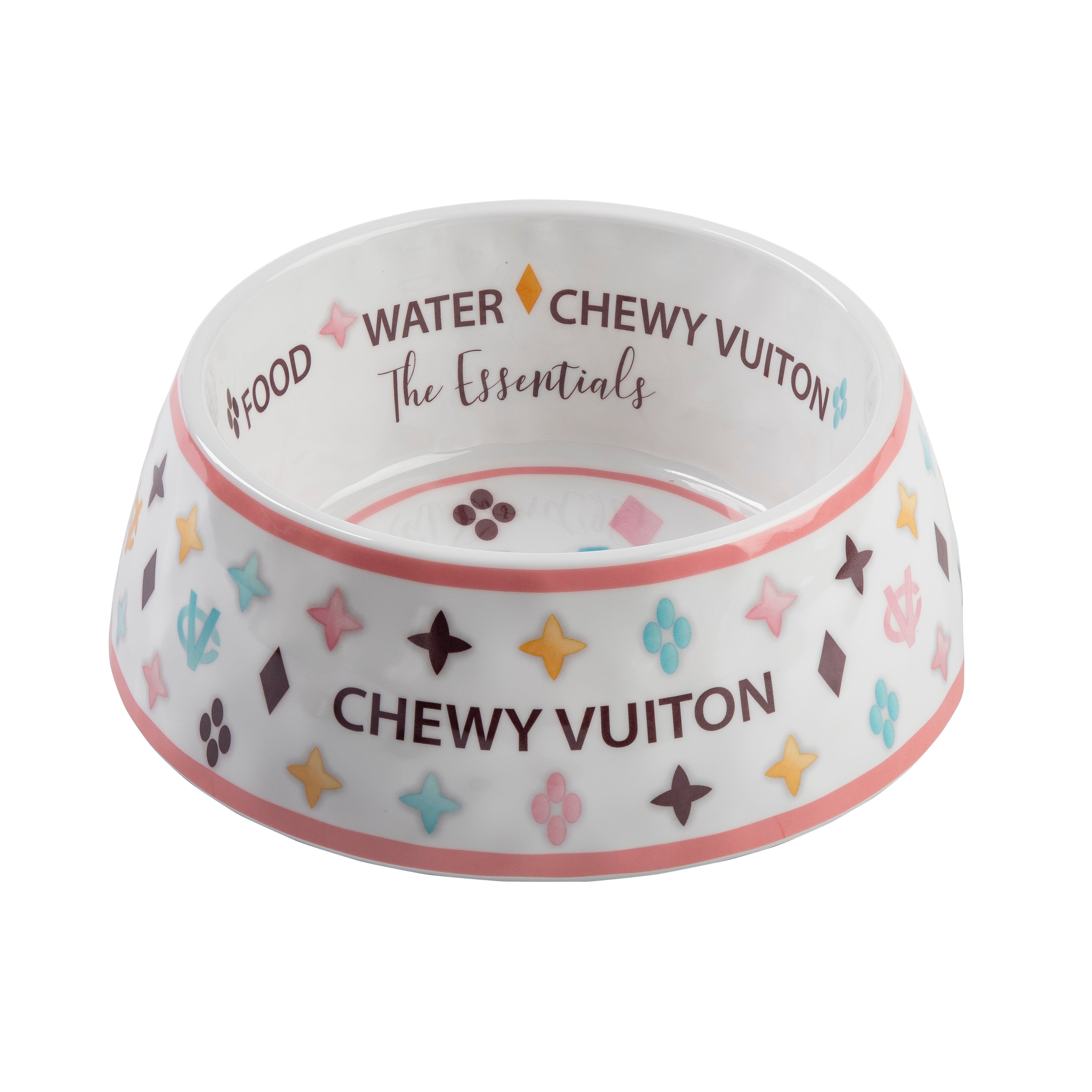 Chewy Vuiton Chic: Parody Designer Dog Bowl Mats for Stylish Pups