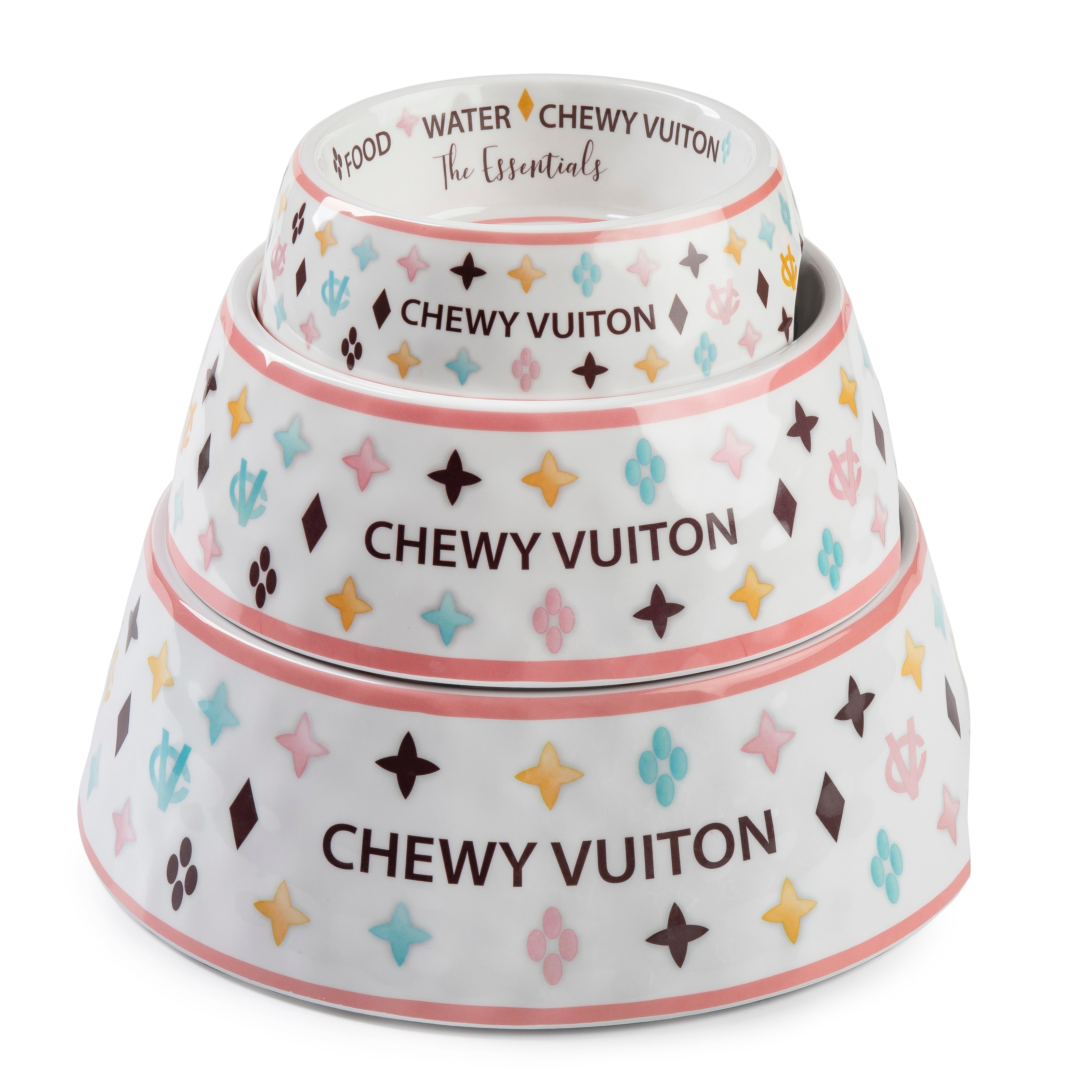 Designer-Inspired Fluff: Parody Chewy Vuiton Plush Dog Bowls