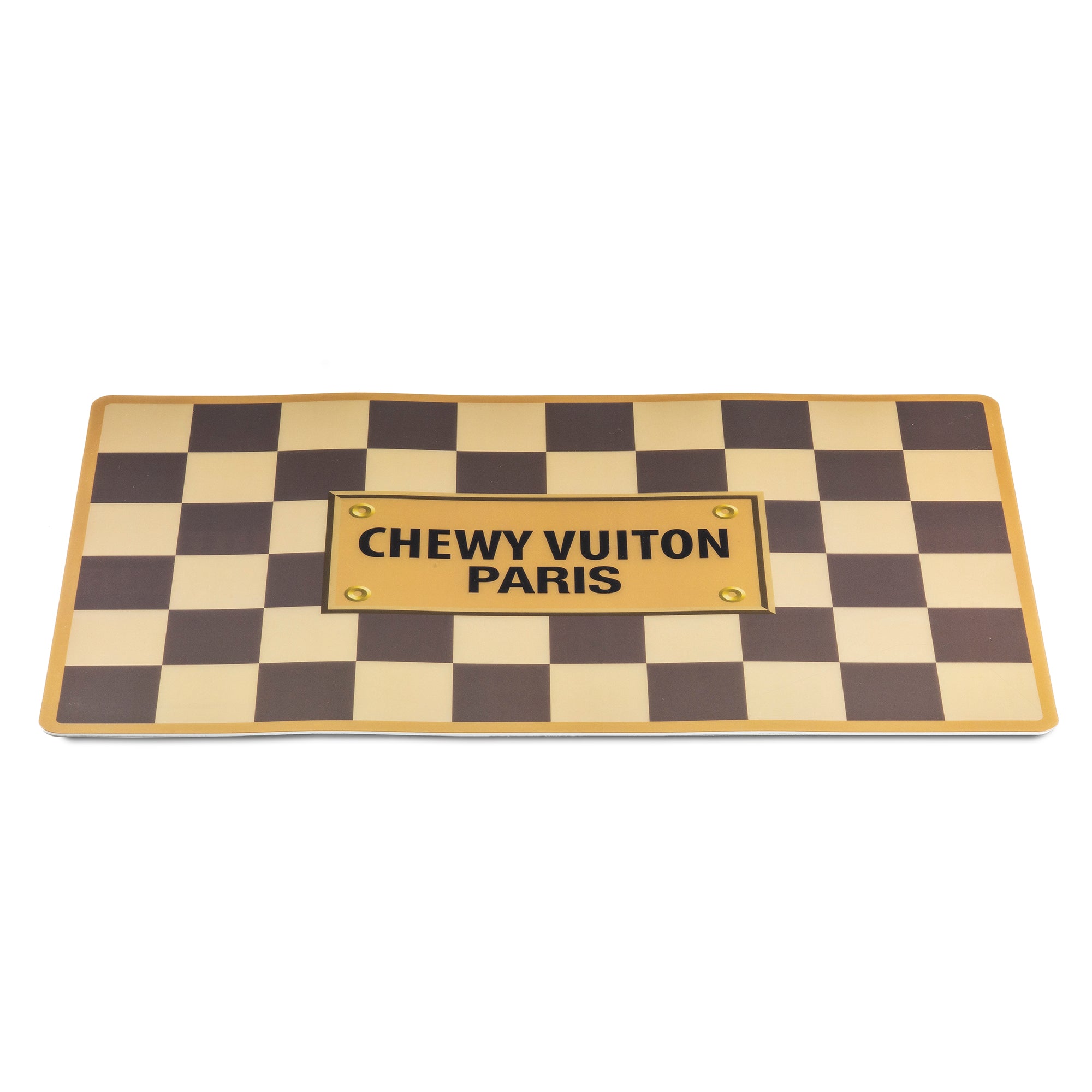 Designer-Inspired Fluff: Parody Chewy Vuiton Plush Dog Placemats