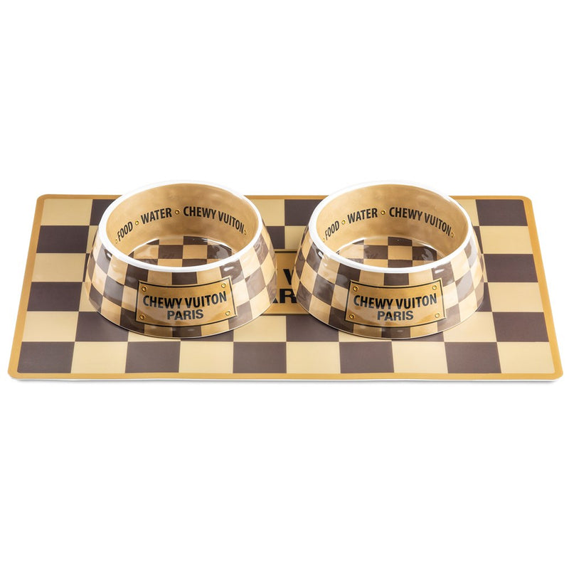 Tan Checker Chewy Vuiton Bowls & Mat