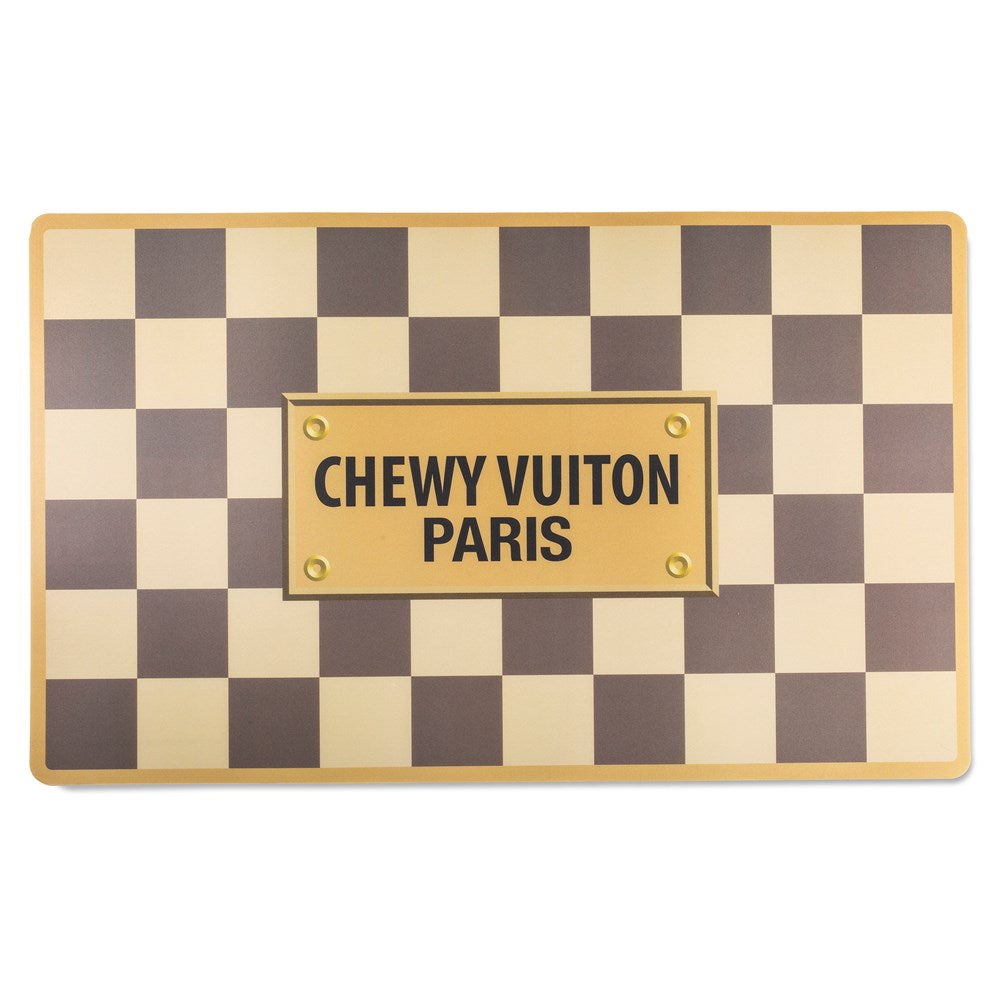 Designer-Inspired Fluff: Parody Chewy Vuiton Plush Dog Placemats